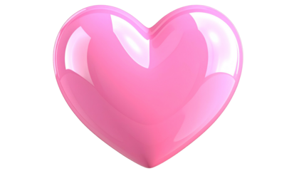 A 3D render of a glossy, pink heart floating against a black background. The heart is symmetrical and well-lit with highlights