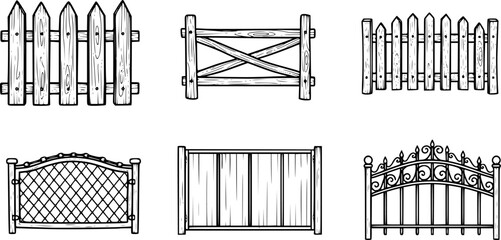 Hand-drawn fence illustrations in black and white for various design projects
