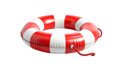 A 3D render of a life buoy, red and white striped, with a rope attachment. Isolated against a black background
