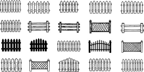 Hand-drawn fence illustrations in black and white for various design projects
