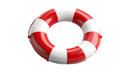 A 3D render of a life buoy, red and white striped, with rope detailing. Isolated against a stark black background