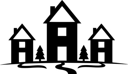 Black and white illustration of three charming houses on a white background
