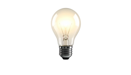 A 3D render of a lit incandescent bulb, set against a solid black background. The bulb's filament glows