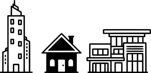 Black and white line art of three different buildings on a white background

