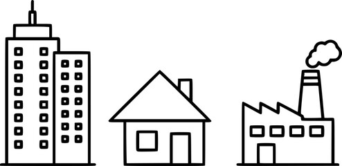 Black and white line art of three different buildings on a white background
