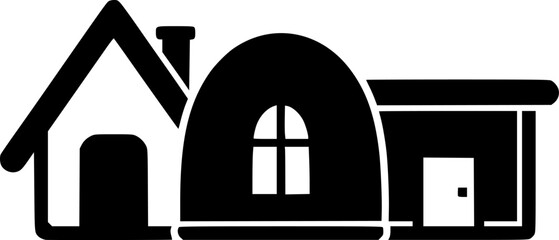 Black and white illustration of three charming houses on a white background
