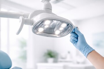 A Close Look at a Dental Lighting Fixture Being Adjusted by a Gloved Hand in a Modern Dental Office