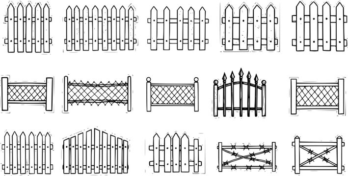 Hand-drawn fence illustrations in black and white for various design projects
