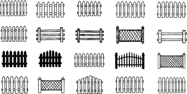 Hand-drawn fence illustrations in black and white for various design projects
