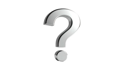 A 3D render of a shiny, metallic silver question mark against a stark black background. It appears to float