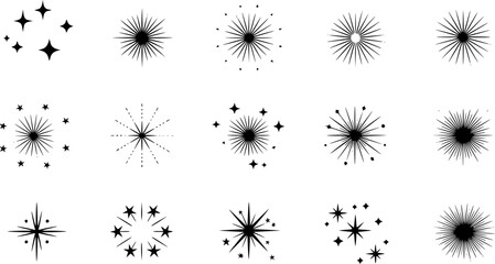 Sparkle and starburst illustrations in black and white on a white background
