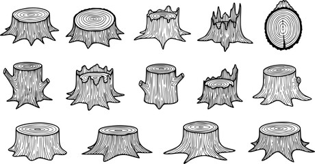 Hand-drawn illustrations of tree stumps in a variety of shapes and sizes
