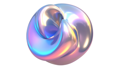 A 3D render of a smooth, iridescent, abstract shape with swirling forms and glossy metallic surfaces against a black background