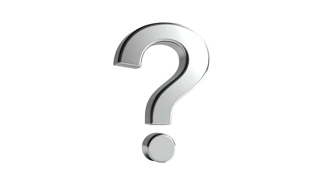 A 3D render of a shiny, metallic silver question mark against a stark black background. It appears to float