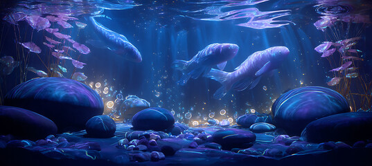 Serene underwater scene with koi fish swimming amidst rocks and jellyfish in a vibrant blue environment naturally.