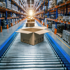 Conveyor belt with empty cardboard boxes in a warehouse at sunset