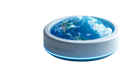 A 3D render of the Earth inside a futuristic circular structure with a glowing light. Depicts our planet inside a transparent barrier