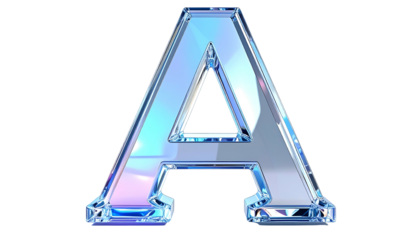 A 3D render of the letter "A" crafted from crystalline, transparent material. It has multifaceted surfaces and a reflective shine against a black background