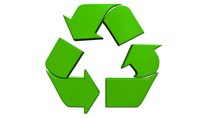 A 3D render of the iconic looping arrows graphic, symbolizing the practice of environmental sustainability. The symbol is rendered in glossy green