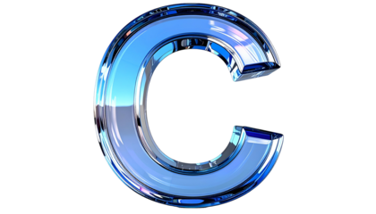 A 3D render of the letter "C" made from clear glass material with a shiny, reflective surface. The inner part is blue