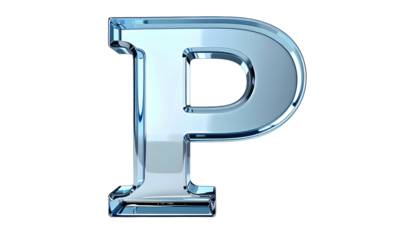 A 3D render of the letter "P," made of a clear, shimmering, reflective glass-like material, set against a solid black background