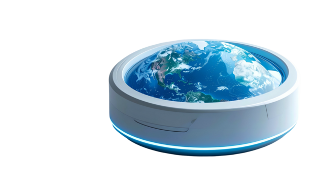 A 3D render of the Earth inside a futuristic circular structure with a glowing light. Depicts our planet inside a transparent barrier - Powered by Adobe