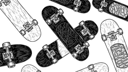 Engraved illustration of skateboards in a top-down view on a white background
