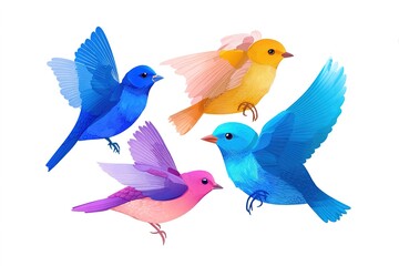 Colorful birds flying in a bright space during the daytime with clear skies and simple backgrounds