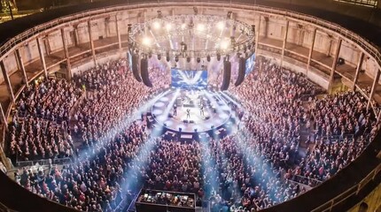 Dynamic aerial view of a packed circular arena during an electrifying live music concert, with a vast audience illuminated by vibrant stage lights ...