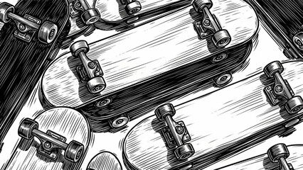 Engraved illustration of skateboards in a top-down view on a white background
