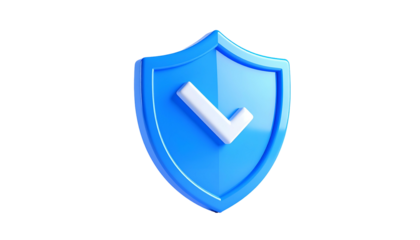 A 3D rendered blue shield with a white checkmark, symbolizing security. It has a glossy finish against a black background