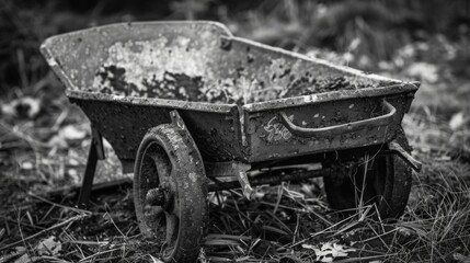 The rusted remains of a wheelbarrow once the backbone of farm work now rusted and abandoned. Black and white art