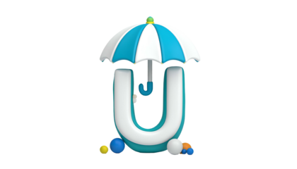 A 3D rendered capital letter "U" is protected by a blue and white striped umbrella on a solid black background. Small colorful spheres surround the base