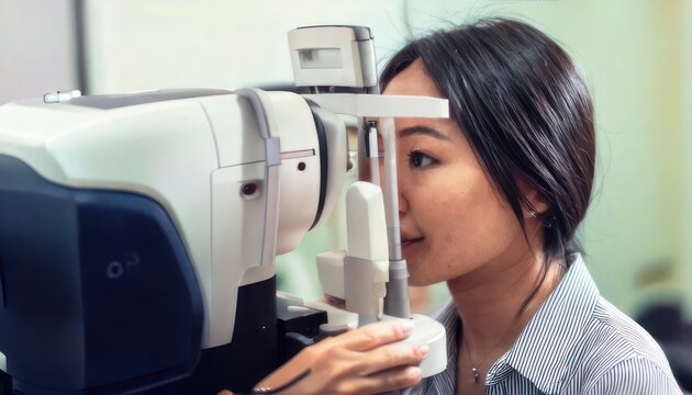 Eye exam - Asian woman undergoing vision test with autorefractor.