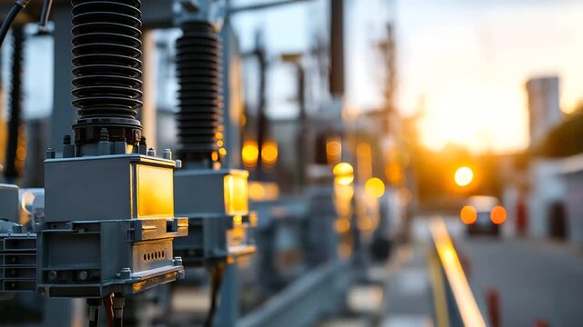 Modern electrical substation with transformer unit equipment defocused power facility background energy infrastructure scene utility system display electrical distribution