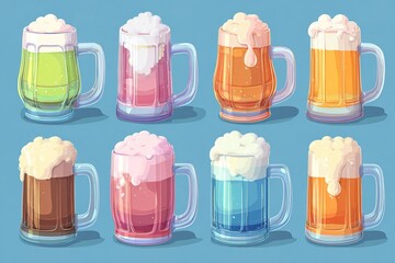 Colorful mugs of beer with different drinks displayed on a blue background in a fun and lively setting