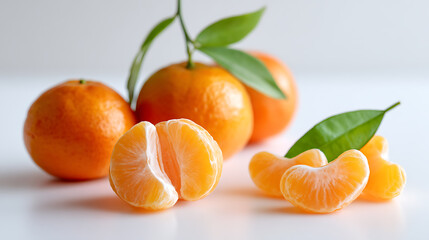 Fresh whole and peeled tangerines with green leaves on a white background. Juicy citrus fruits, perfect for healthy eating and vitamin C. High-resolution studio shot.
