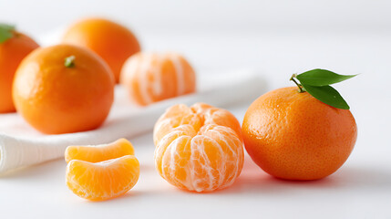 Fresh ripe tangerines with green leaves and peeled segments on white background. Healthy citrus fruit, juicy and sweet, perfect for diet, snack or dessert.
