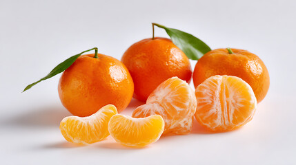 Fresh ripe tangerines with green leaves and slices on a white background. Healthy vitamin-rich citrus fruit, natural food, close-up.
