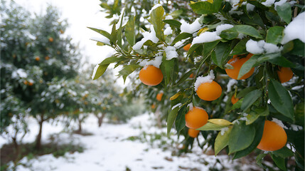 Fresh ripe oranges hanging on snow-covered branches in a winter orchard. Contrast of bright citrus fruit and white snow evokes a unique seasonal harmony.
