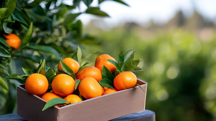 Fresh ripe tangerines in a wooden crate on a tree branch in a sunny orchard. Harvest time, organic fruit, nature and agriculture concept.
