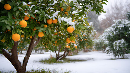 Orange trees with ripe fruits covered in snow in a winter garden. Unusual combination of citrus harvest and frosty weather.
