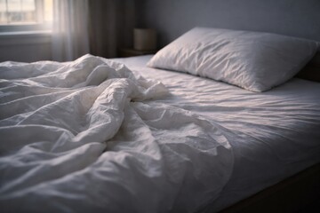 A Serene Bedroom Scene Featuring Crisp White Bedding and Soft Natural Light Streaming Through the Windows for a Calm and Inviting Atmosphere