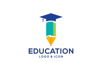 Education icon logo design vector template, pencil and graduation cap