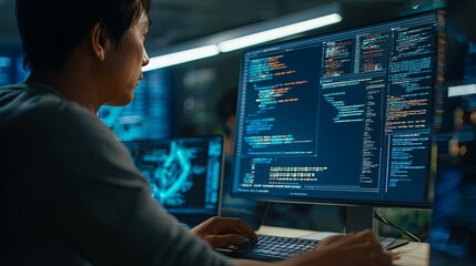 Focused Asian Programmer Coding with Working on Computer in Dark Tech Office.