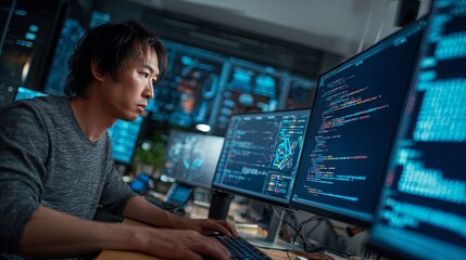 Asian Programmer Focused on Code in a Modern Tech Office with Data Visualization.