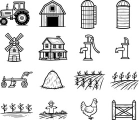 Minimal Village Farm Elements Icon Set for Agriculture
