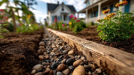 Low angle captures a garden bed with drainage feature and house