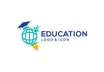 vector design of technology education icon logo, combination of pencil with graduation cap and globe with pixel.