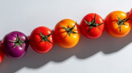 Colorful Collection of Fresh Tomatoes in Various Shades on a White Background Perfect for Culinary and Nutrition Themes